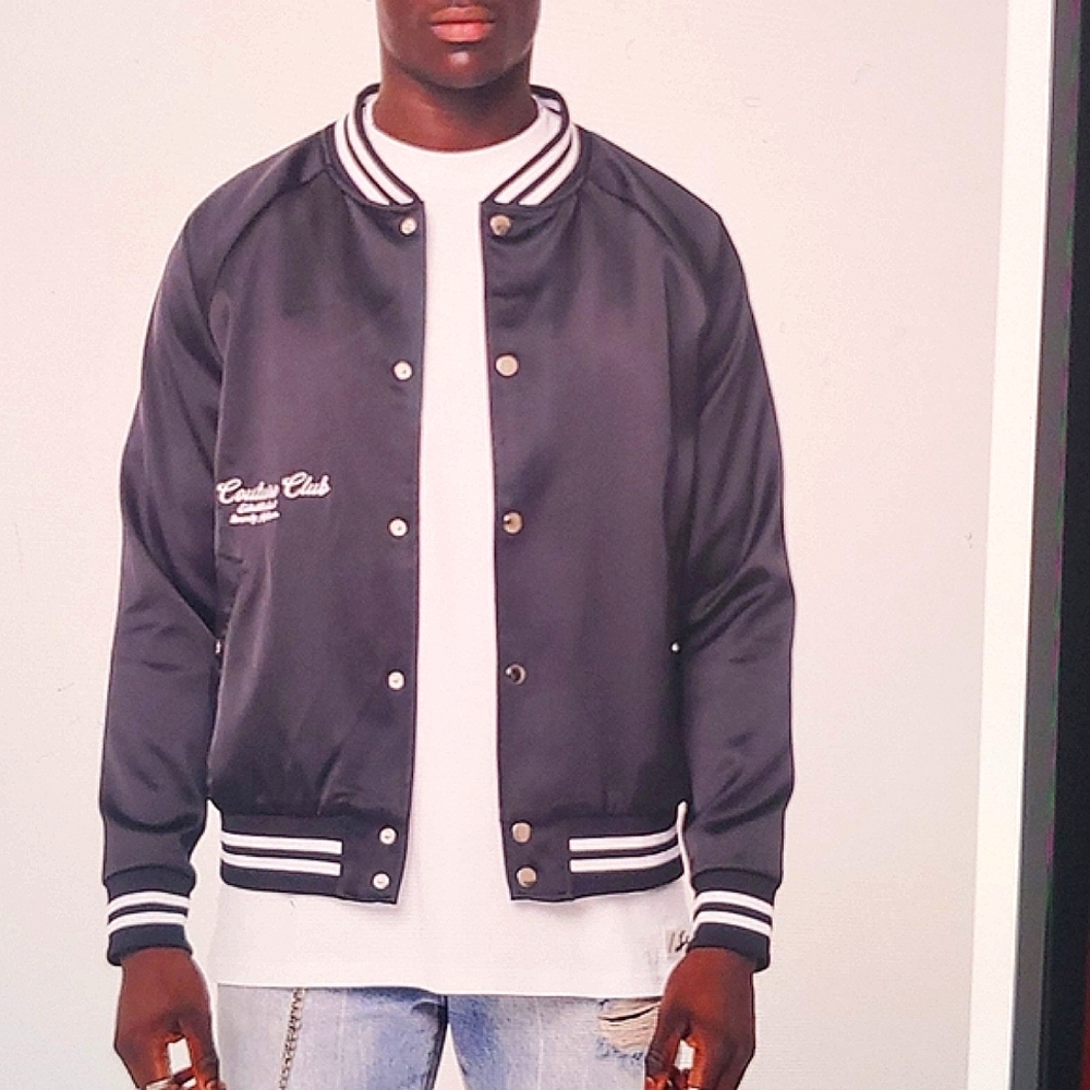 Signature embroidered Satin Bomber Jacket in Black